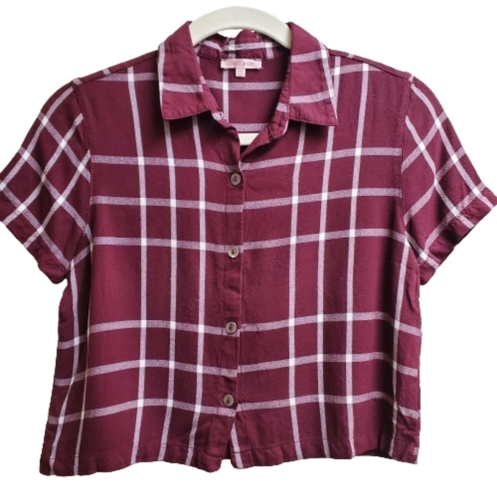 Lottie Moss Burgundy White Grid Plaid Short Sleeve Cropped Button Down Shirt XS